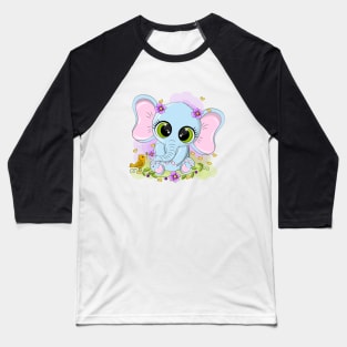 Cheerful baby elephant in a meadow with flowers Baseball T-Shirt